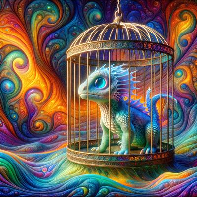 The primary subject of the image is a small, colorful dragon sitting inside a cage. The cage is made of metal and features a unique design. The dragon appears to be the main focus of the image, and it is placed in a vibrant and colorful environment. The visual style of the image is digital art, as it is a well-crafted and detailed illustration. The dominant colors in the image are bright and lively, creating a cheerful and energetic atmosphere.